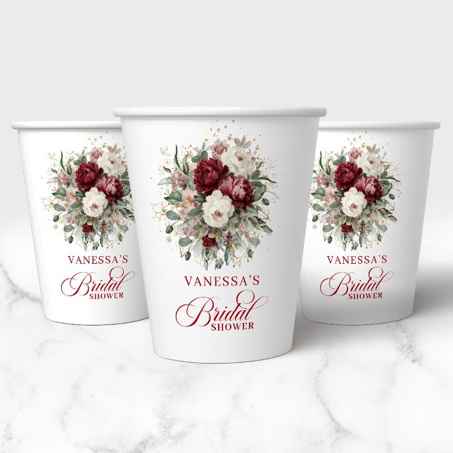 Gobelets en papier délicats bordeaux pour la douch (Delicate Burgundy Floral Bridal Shower Paper Cups)