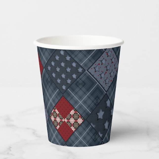 Gobelets En Papier Dénim patchwork, patchwork, textile, motif bleu (Recto)