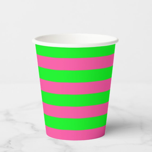Gobelets En Papier Design de bandes rose et verte (Recto)