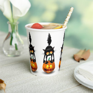 Gobelets En Papier Dessin d'Halloween au chat effrayé sur Citrouille