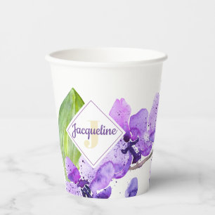 Gobelets En Papier dessin d'orchidée à l'aquarelle couleur avec monog