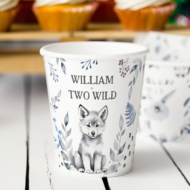 Gobelets En Papier Deux loups sauvages thème fête d'anniversaire vais (Two Wild wolf themed birthday party tableware personalized printed Paper Cups cute grey wolf pup)
