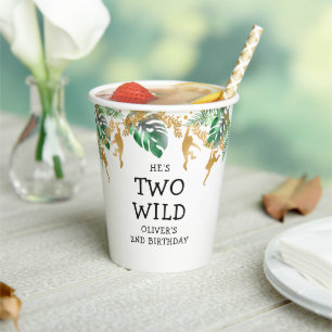 Gobelets En Papier Deux Safari sauvage 2e anniversaire Vert Or Blanc