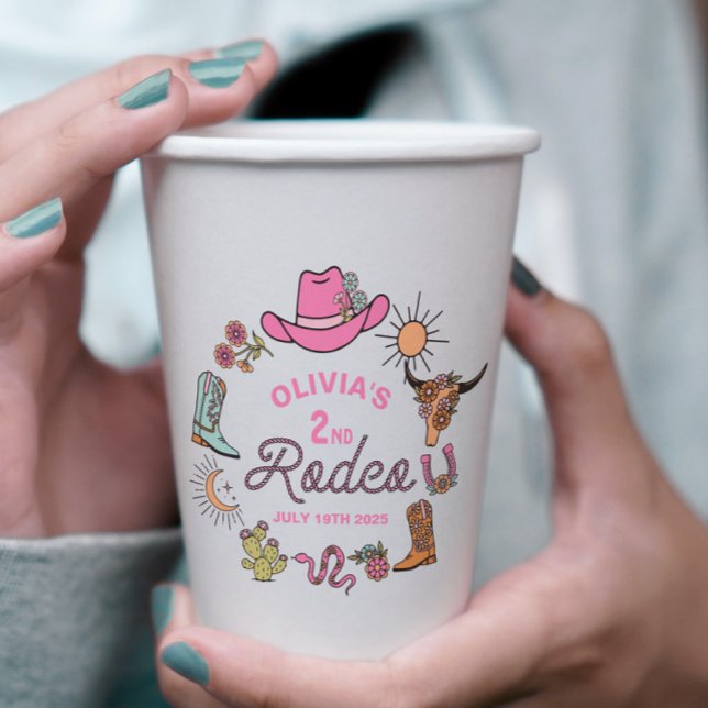 Gobelets En Papier Deuxième Rodéo Rose Western Cowboy 2e anniversaire (Créateur téléchargé)