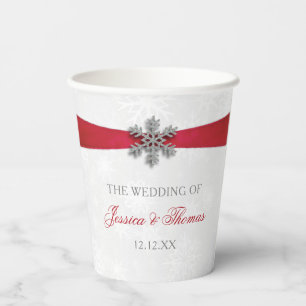 Gobelets En Papier Diamante Flocon de neige et Ruban rouge Mariage d'