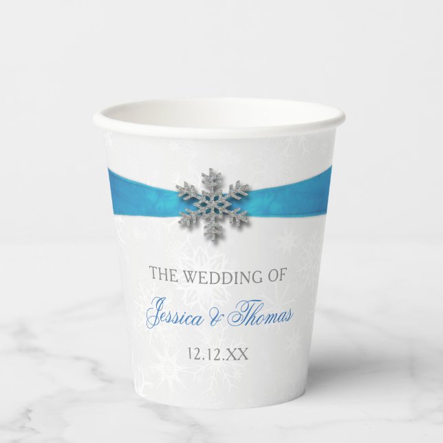 Gobelets En Papier Diamante Snowflake & Blue Ribbon Mariage d'hiver (Recto)
