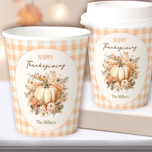 Gobelets En Papier Dîner Thanksgiving Citrouille En vichy Pastel Oran (Thanksgiving Dinner Pumpkin Gingham Pastel Orange Paper Cups)