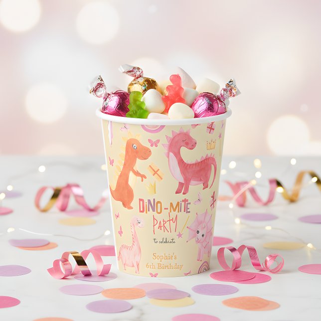 Gobelets En Papier Dino-mite dino rose fête d'anniversaire (Créateur téléchargé)