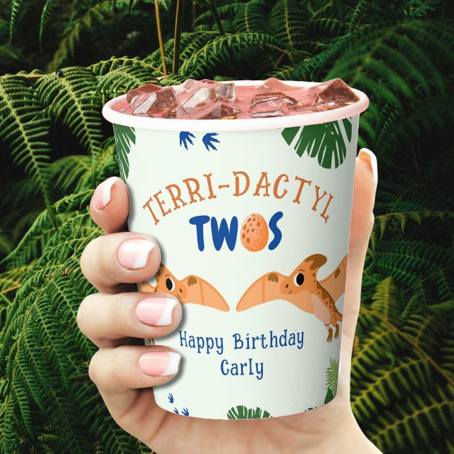 Gobelets En Papier Dinosaur 2e anniversaire Funny Green Pterodactyle (Dinosaur 2nd Birthday Funny Green Pterodactyl Paper Cups
)