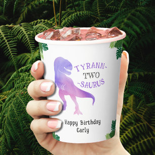 Gobelets En Papier Dinosaur 2e anniversaire pourpre Tyrannosaurus Rex