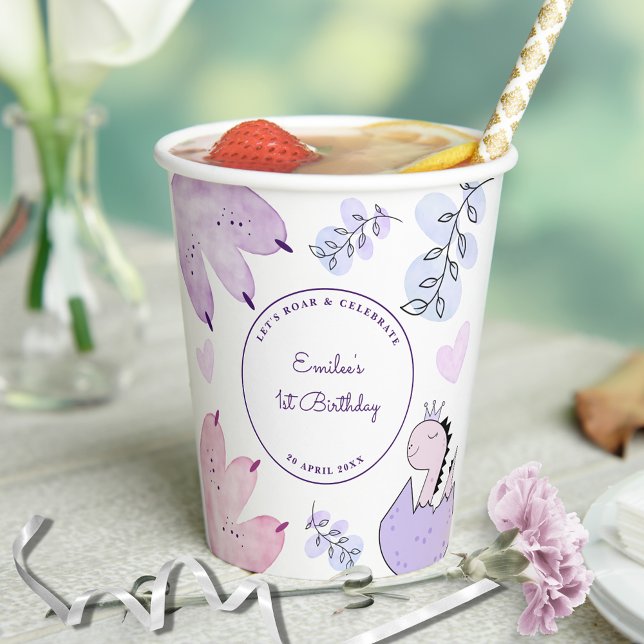 Gobelets En Papier Dinosaur fête d'anniversaire rose pourpre (Créateur téléchargé)