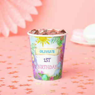 Gobelets En Papier Dinosaur Filles Parties scintillant Florale Annive