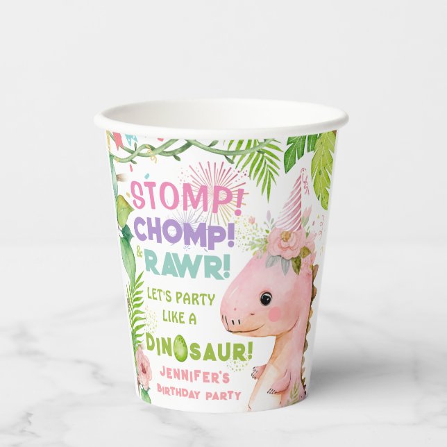 Gobelets En Papier Dinosaur Girls rose Anniversaire tasse de papier (Recto)