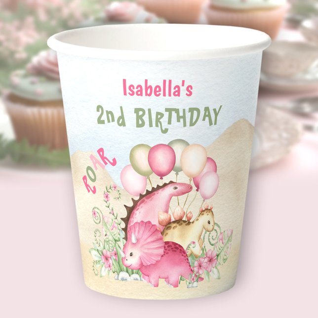 Gobelets En Papier Dinosaur Pink Pastel Cute Floral Girl Anniversaire (Dinosaur Pink Pastel Cute Floral Girl Birthday Paper Cups)