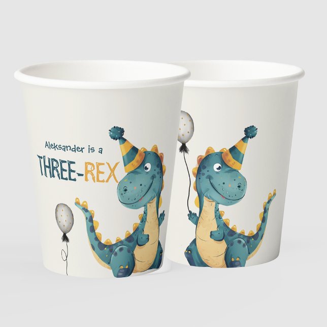 Gobelets En Papier Dinosaur Trex Trois Rex 3e fête d'anniversaire (Créateur téléchargé)