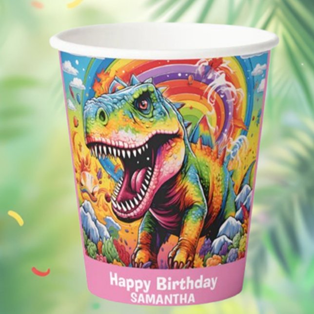 Gobelets En Papier Dinosaure arc-en-ciel sauvage rose (Fun Wild One Rainbow Dinosaur Pink Paper Cups for Parties)