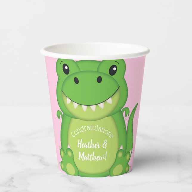 Gobelets En Papier Dinosaure Baby shower T-Rex Rose Girl (Recto)