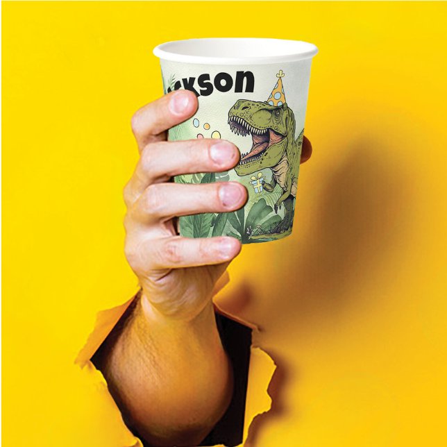 Gobelets En Papier Dinosaure Caricature mignonne Thème Enfants Nom An (Cute dinosaur Jurassic theme boys birthday party paper cup table decoration with personalized name)