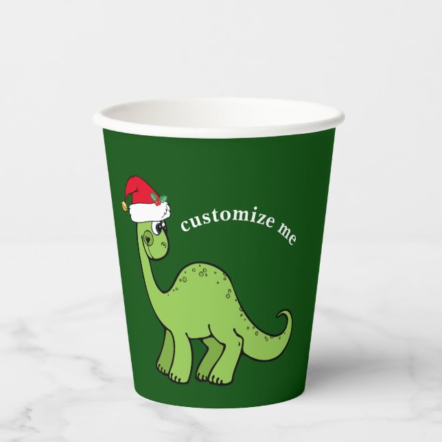 Gobelets En Papier Dinosaure de Noël Vert Fête Personnalisée Enfants (Recto)