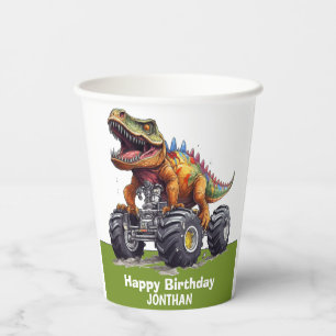 Gobelets En Papier Dinosaure vert T-Rex Monster Truck thème