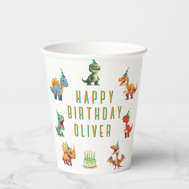 Gobelets En Papier Dinsoaur anniversaire, aquarelle t-rex, tasse de p (Recto)