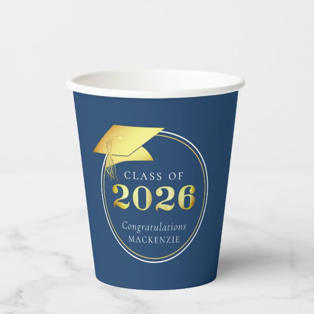 Gobelets En Papier Diplômé 2026 Faux Métallic Or Bleu (Recto)