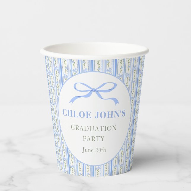 Gobelets En Papier Diplôme Floral Ruban Bleu (Recto)