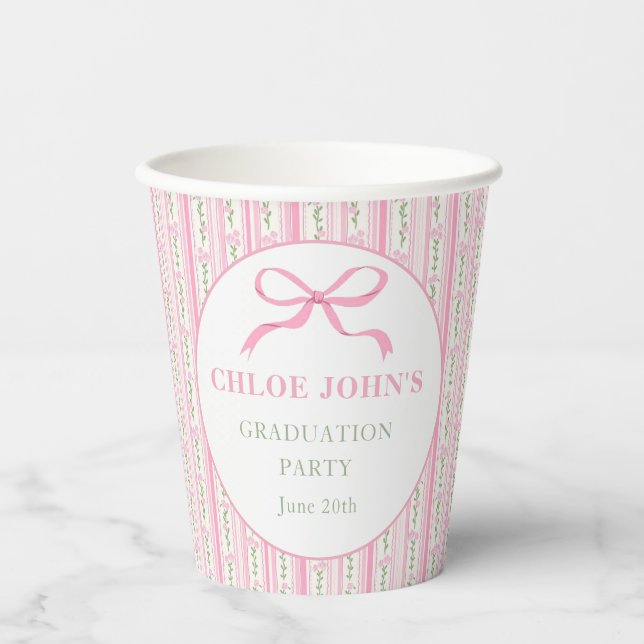 Gobelets En Papier Diplôme Floral Ruban Rose (Recto)