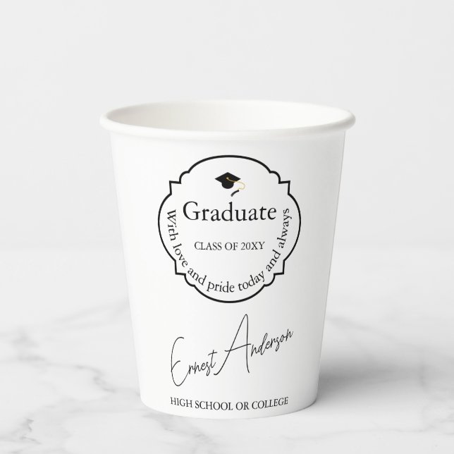 Gobelets En Papier Diplômé noir et blanc Moderne Élégant Graduation (Verso)