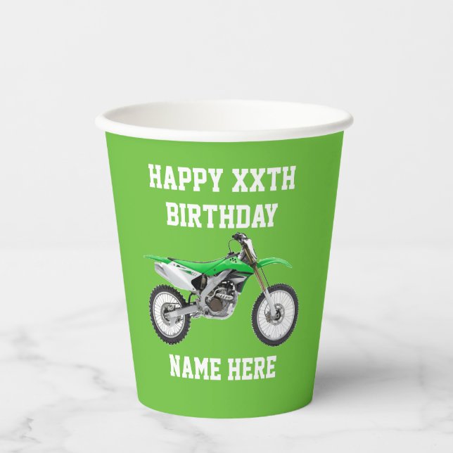 Gobelets En Papier Dirt Bike Vert Anniversaire Moteur Sport Racing (Recto)