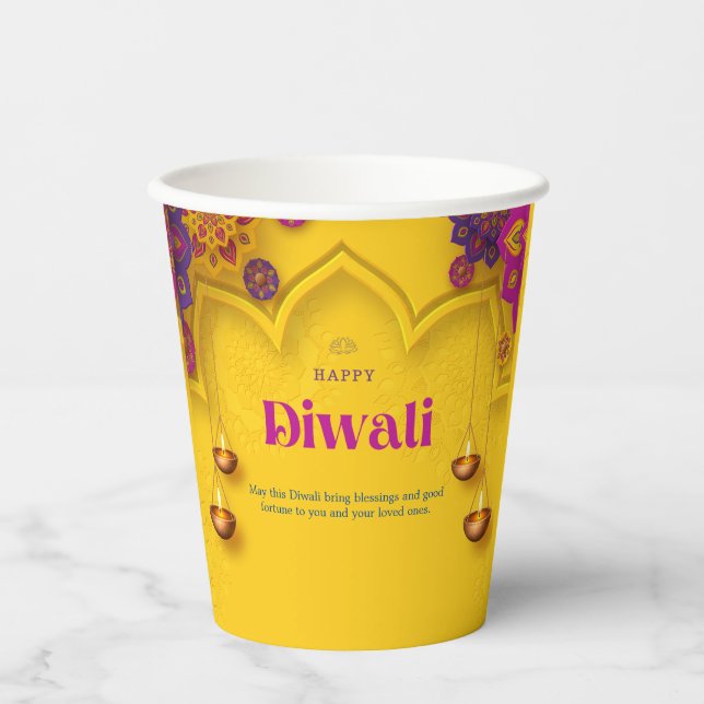Gobelets En Papier Diwali Salutation jaune violet floral personnalisé (Recto)