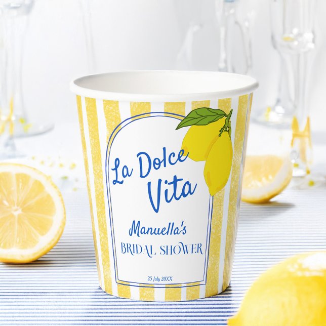 Gobelets En Papier Dolce vita citrons jaunes enterrement de vie de je (Dolce vita yellow stripes Lemons Italian bridal shower monogrammed Paper Cups personalized decor)