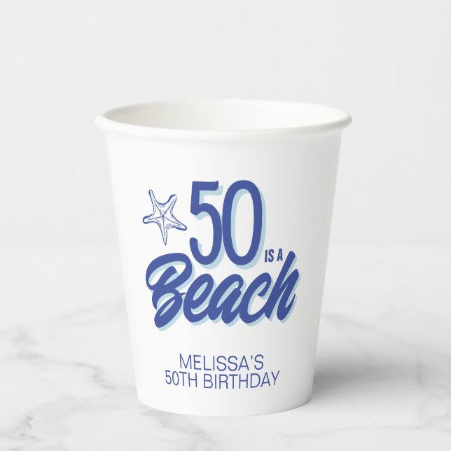 Gobelets En Papier Doodle à main lunaire 50e anniversaire de plage (Recto)