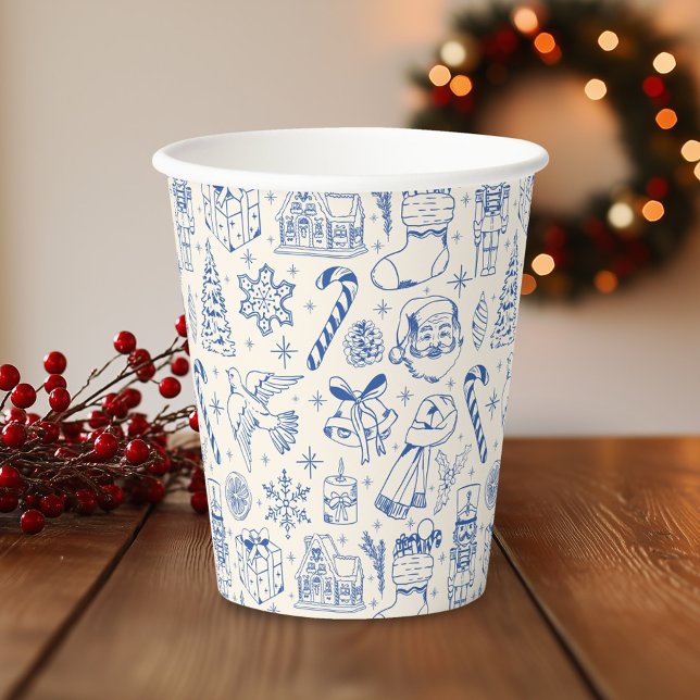 Gobelets En Papier Doodle de Noël bleu rétro (Créateur téléchargé)