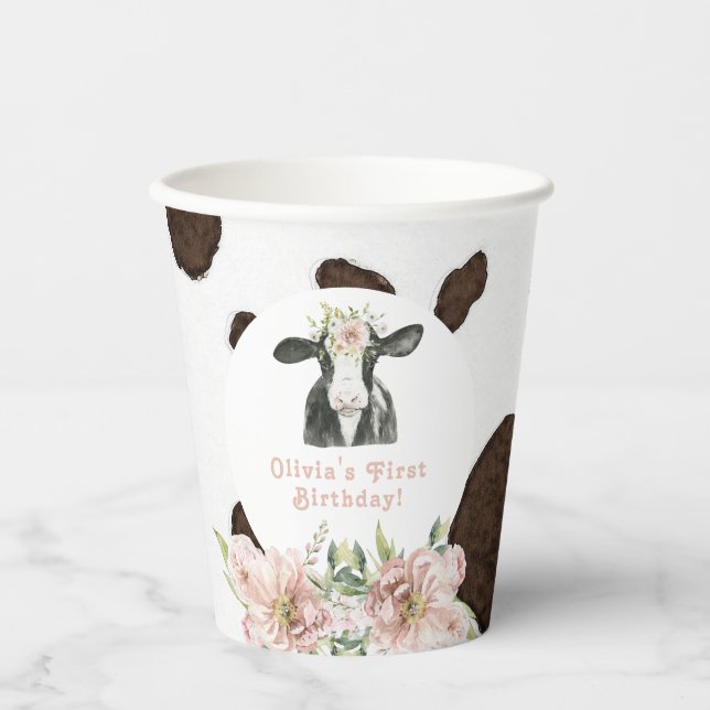 Gobelets En Papier DOTTIE Holy Cow Cute Floral Farm 1er Anniversaire (Recto)