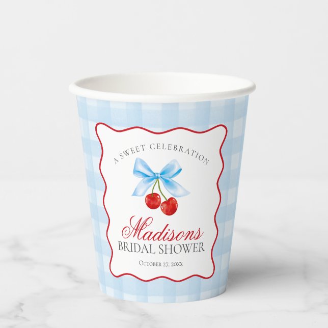 Gobelets En Papier Douce Cerise Bleue Coquette Gingham Shower de Mari (Recto)
