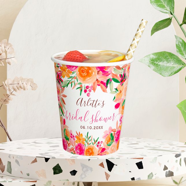 Gobelets En Papier Douce douche de mariage chic florale aquarelle gra (Bold fall floral watercolor chic bridal shower paper cups)