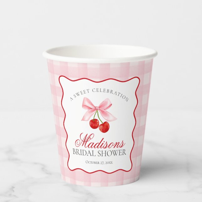 Gobelets En Papier Douce Fête de Mariage Rose Cerise Coquette Gingham (Recto)