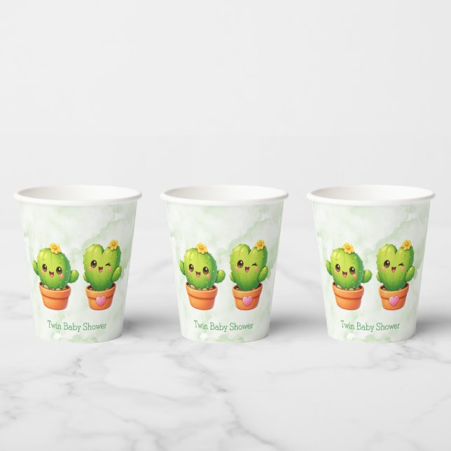 Gobelets En Papier Douce Fête de Naissance de Jumeaux Cactus (Multi)
