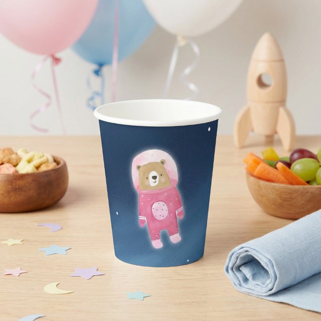 Gobelets En Papier Douce Fête de Naissance Ourson Astronaute Rose (Pink Space Bear Astronaut Baby Shower Paper Cups.)