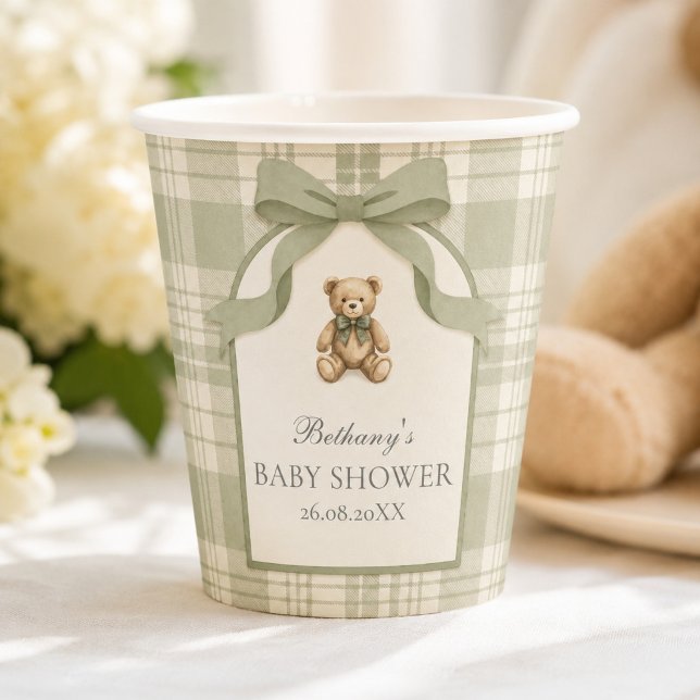 Gobelets En Papier Douce Fête de Naissance Ourson Gingham Vert Sauge (Sage Green Gingham Teddy Bear Party Cup)