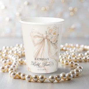 Gobelets En Papier Douce Mariée Fleurie avec un Nœud Blanc
