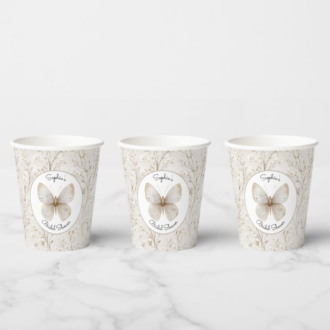 Gobelets En Papier Douce Mariée Papillon Fleurs Blanches     (Multi)