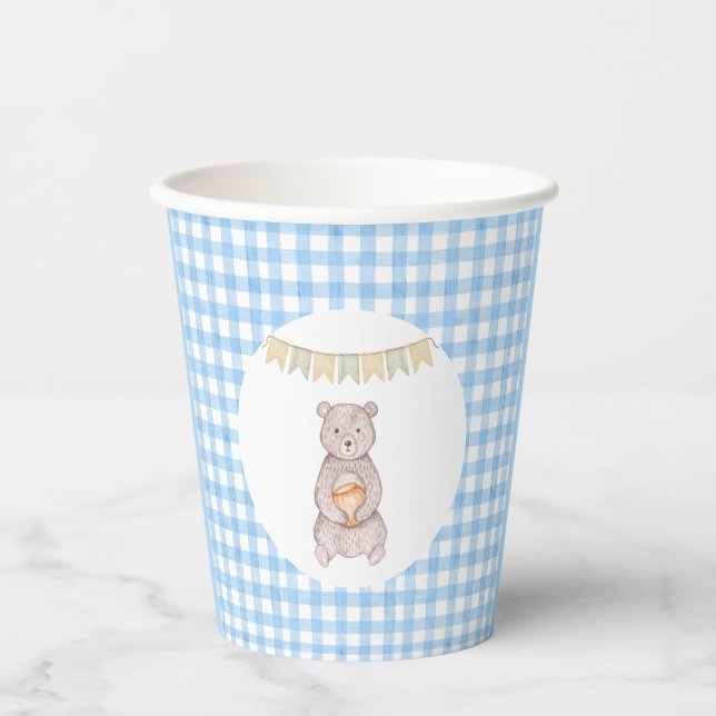 Gobelets En Papier Douce Ourse Bleu Gingham Aquarelle Baby Shower (Recto)