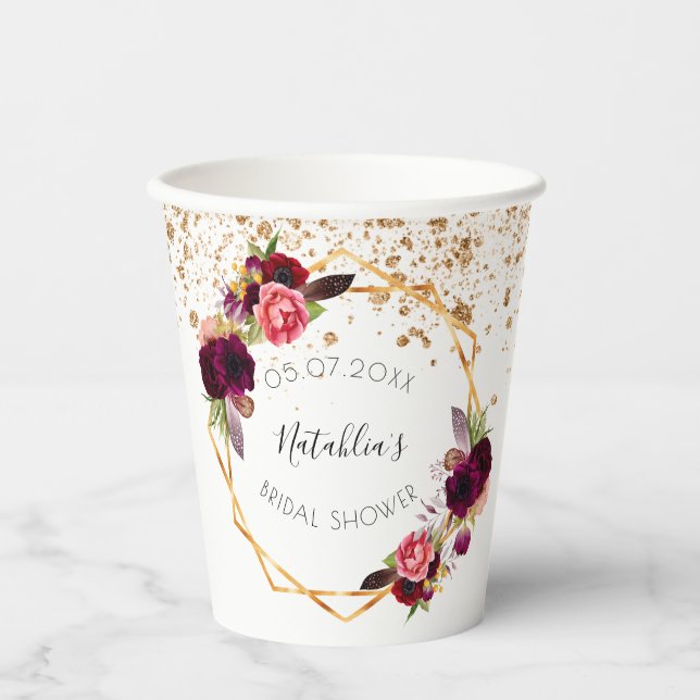 Gobelets En Papier Douce soirée de mariage en or blanc avec fleurs de (Recto)