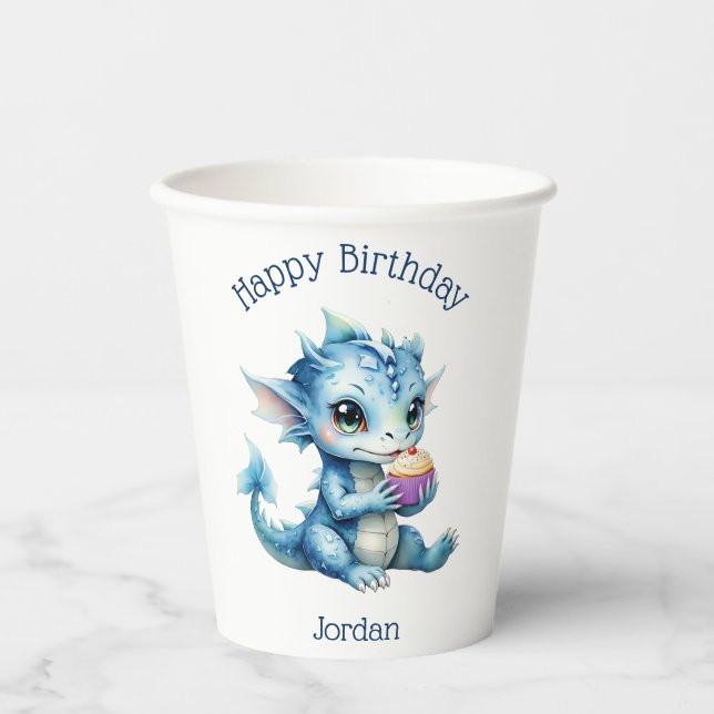 Gobelets En Papier Dragon Bébé Bleu Mange un Cupcake (Recto)