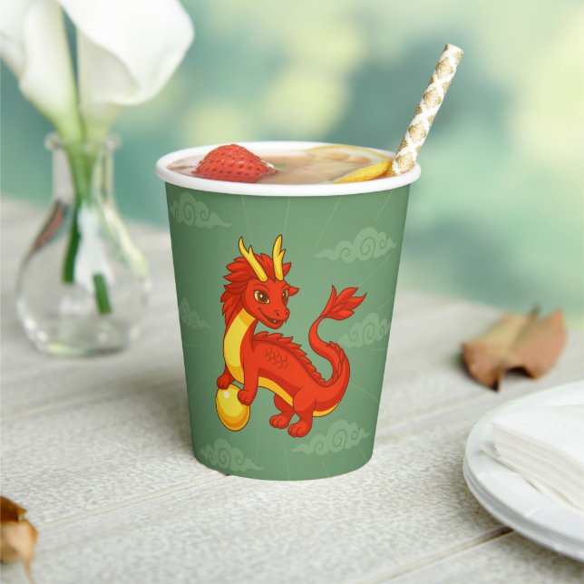 Gobelets En Papier Dragon Chinois Rouge sur Fond Vert (Insitu)