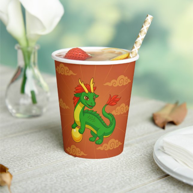 Gobelets En Papier Dragon Chinois Vert sur Fond Rouge (Insitu)