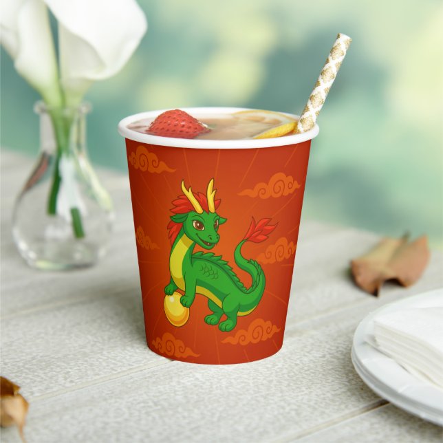 Gobelets En Papier Dragon Chinois Vert sur Fond Rouge (Insitu)