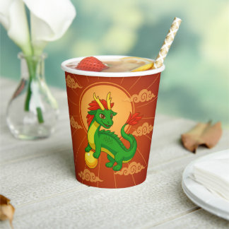Gobelets En Papier Dragon Chinois Vert sur Fond Rouge